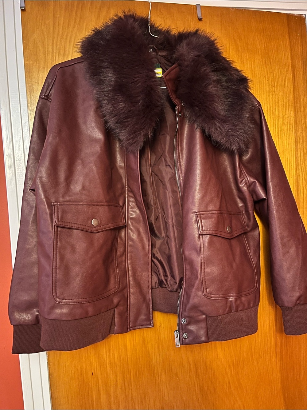 Women’s Burgundy Faux Leather Bomber Jacket with Removable Faux Fur Collar